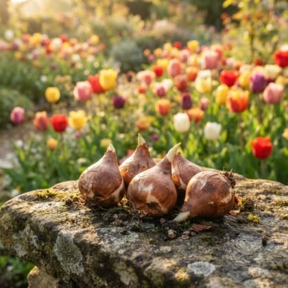 Several tulip bulbs rest on a stone surface with a blooming garden in the background.