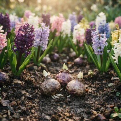 Three hyacinth bulbs resting on soil in front of a garden bed filled with blooming hyacinths in various colors.