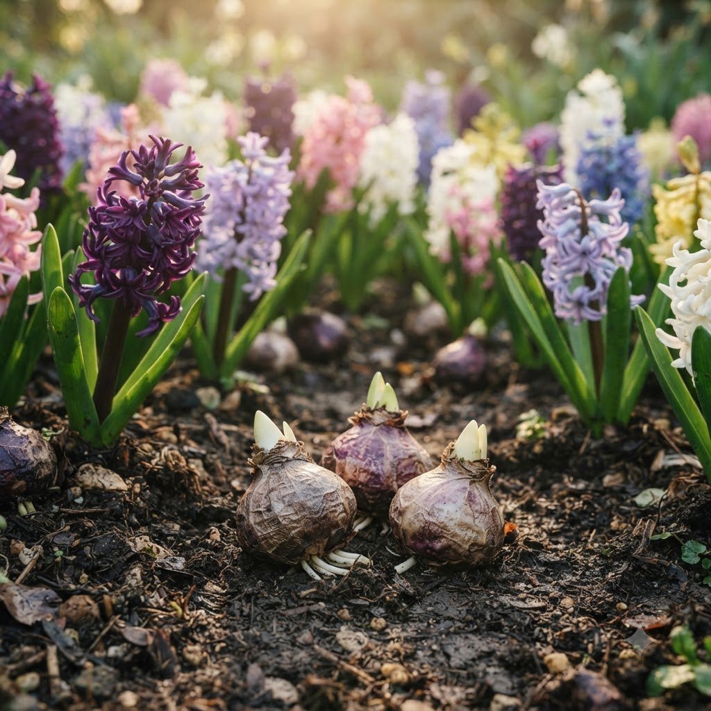 Three hyacinth bulbs resting on soil in front of a garden bed filled with blooming hyacinths in various colors.