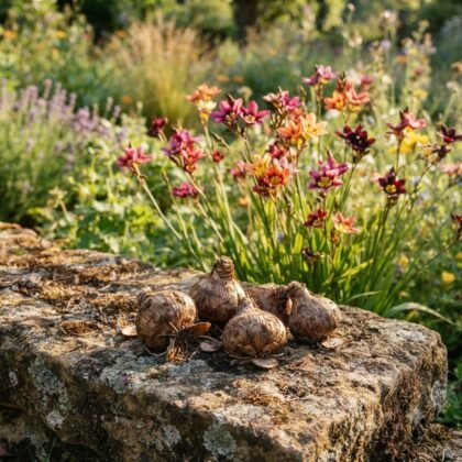 Sparaxis bulbs resting on a weathered stone wall with blooming flowers in the background.