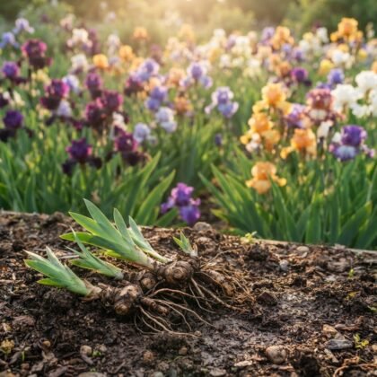 Iris rhizomes with green shoots resting on soil in front of a blooming iris field