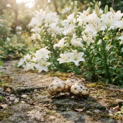 Three white Asiatic lily bulbs resting on a garden stone path with blooming lilies behind them.