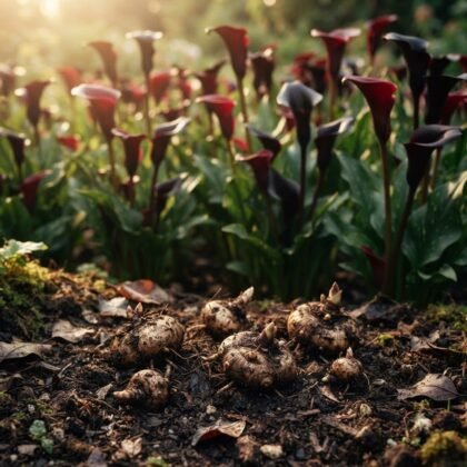 Several calla lily bulbs resting on soil with blooming red and dark flowers in the background.