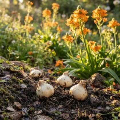 Four white flower bulbs rest on soil in front of blooming orange Chincherinchee plants.