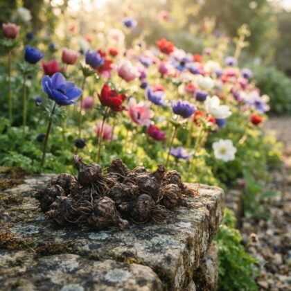 A pile of brown bulbs resting on a stone surface with colorful anemone flowers blooming in the background.