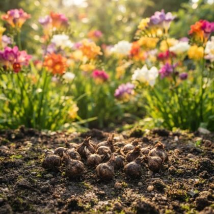 A cluster of flower bulbs resting on soil in front of blooming freesia plants.