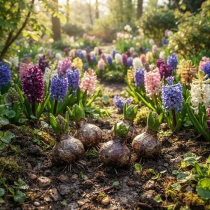 Four hyacinth bulbs resting on soil in the foreground, with blooming hyacinths in the background.