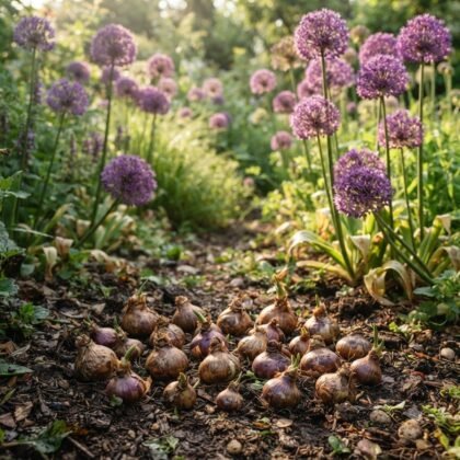A pack of 20 allium bulbs arranged on soil in front of blooming purple flowers.