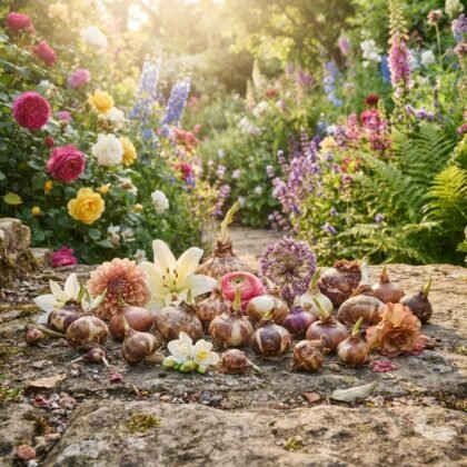 A collection of flower bulbs and corms arranged on a stone surface with a blooming summer garden in the background.