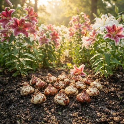 A group of lily bulbs arranged on soil in front of blooming oriental lilies in a garden.
