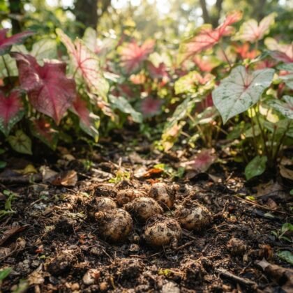 A pile of round, bulbous roots resting on soil with leafy plants in the background.