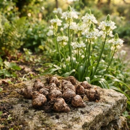 A pile of Chincherinchee bulbs on a stone, with blooming white flowers in the background.