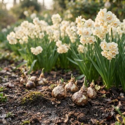 Set of white daffodil bulbs on soil with blooming flowers in the background.