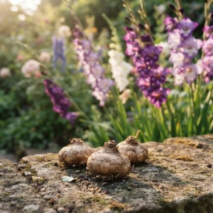 Three Gladiolus bulbs resting on a stone surface with purple and white flowers in the background.