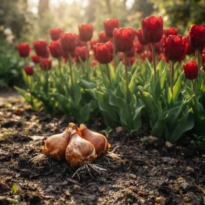 Tulip Redmar bulbs on soil with a field of blooming red tulips in the background.