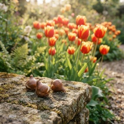 Three tulip bulbs on a stone surface with red and yellow tulips blooming in a sunny garden background.