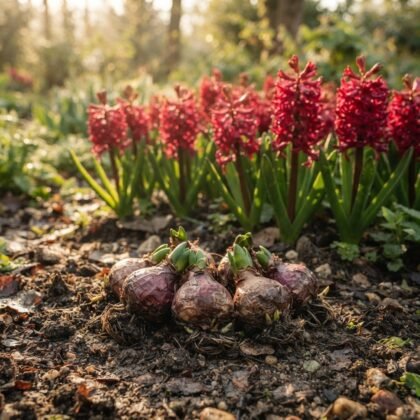 A set of five red hyacinth bulbs on soil, with blooming red hyacinths in the background.