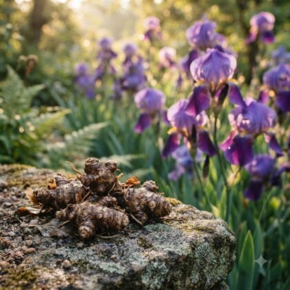 Set of five purple iris bulbs resting on a weathered stone with blooming irises in the background.