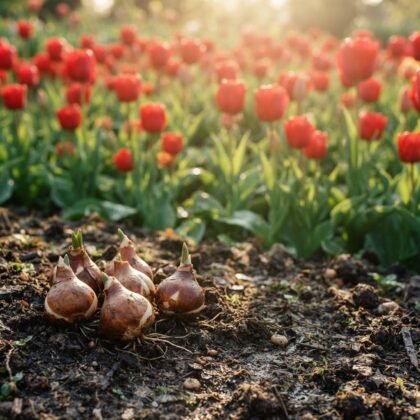 A set of five tulip bulbs resting on dark soil in the foreground, with blooming red tulips in a field behind.