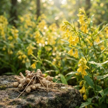 Globba winitii bulbs resting on a rock with blooming yellow flowers in the background.
