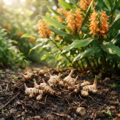 A set of orange Hedychium bulbs resting on soil in front of flowering plants.
