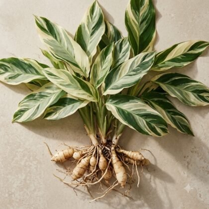 Flat lay of a houseplant with variegated green and white leaves and exposed tuberous roots and rhizomes on a neutral surface.