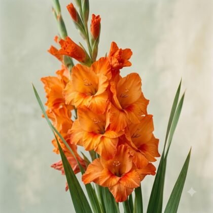 A tall stalk of vibrant orange gladiolus flowers in full bloom with green leaves.