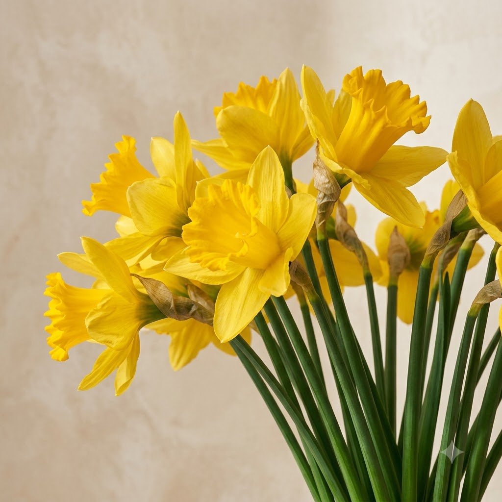 Close-up of a bouquet of bright yellow daffodils with long green stems against a neutral background.