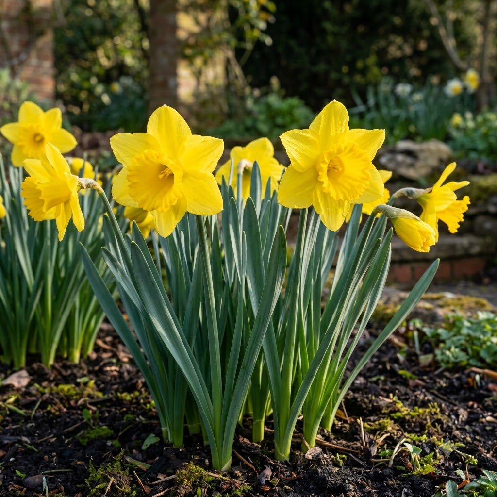 Bright yellow daffodils blooming in a garden bed with green stems and leaves.