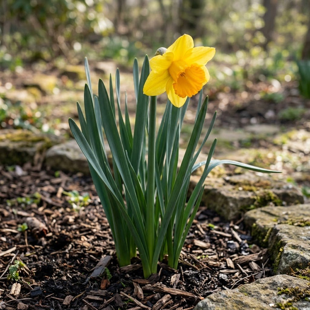 A single yellow daffodil blooms among long green leaves in a garden bed with mulch and stones.