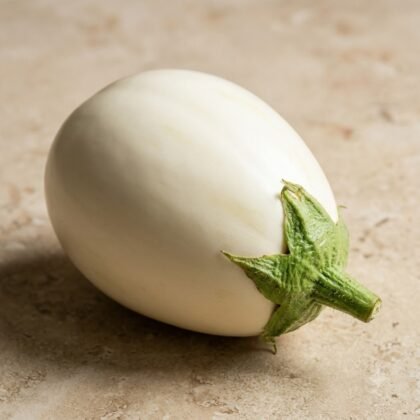 A single white eggplant with a green stem resting on a neutral stone surface.