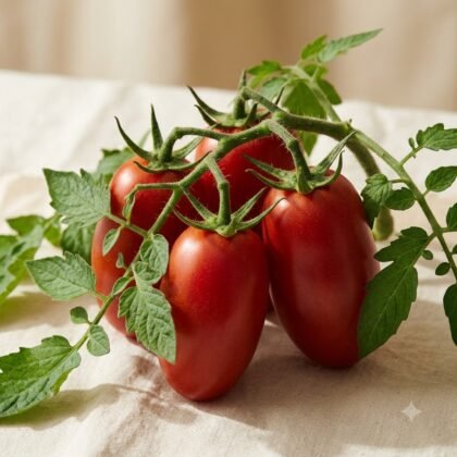 Fresh red Roma tomatoes on the vine with green leaves, resting on a light cloth.