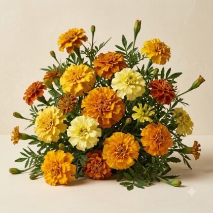 A lush arrangement of yellow, orange, and cream marigold flowers with green leaves on a light background.