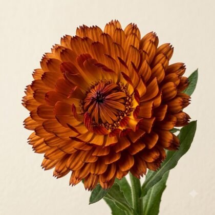 Close-up of a vibrant orange daisy-like flower with dense, multi-layered petals and green leaves against a light background.
