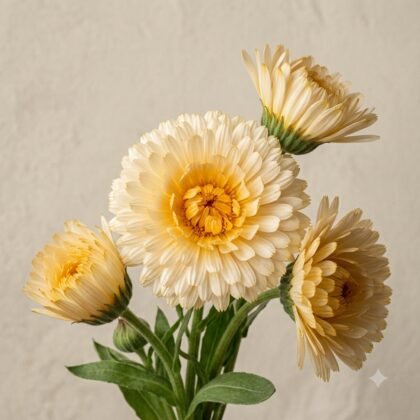 A bunch of light yellow and orange flowers with green stems and leaves against a plain background.