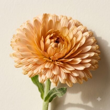 Close-up of a peach-colored flower with dense, layered petals on a light background.