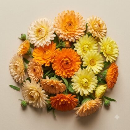 An arrangement of vibrant orange and yellow flowers with green stems against a plain background.