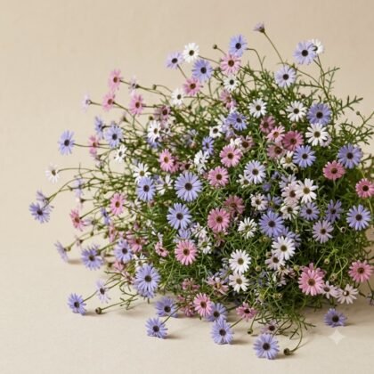A dense arrangement of small purple, pink, and white daisy-like flowers with dark centers against a beige background.