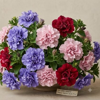 Petunia Glorious Double Mixed with ruffled blooms in shades of purple, pink, and red in a pot.