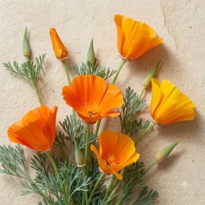 Flat lay arrangement of bright orange California poppies and unopened buds with blue-green foliage on a textured