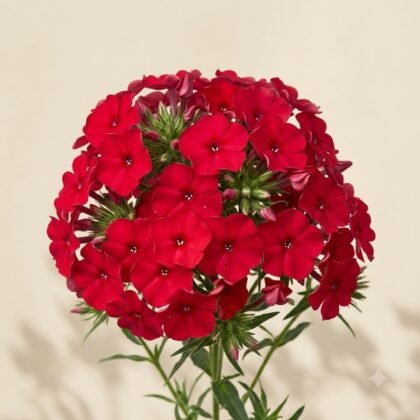 A dense cluster of vibrant red phlox flowers with five-petaled blooms on a single stem against a light background.