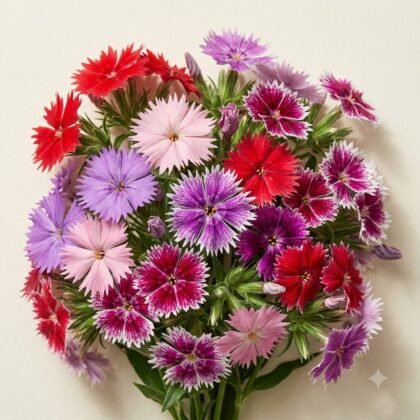A vibrant bouquet of colorful dianthus flowers in shades of red, pink, purple, and magenta.