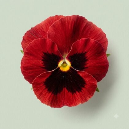 A single red pansy flower with dark markings and a yellow center against a light background.