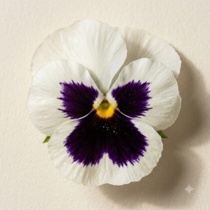Single white and purple pansy flower against a light neutral background.