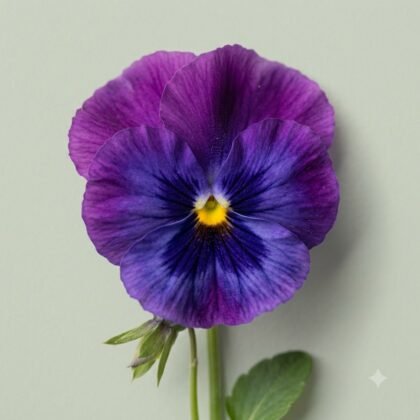 Close-up of a single purple and blue pansy flower with a yellow center against a light green background.