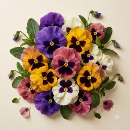 An arrangement of colorful pansy flowers in purple, yellow, pink, and white with green leaves.