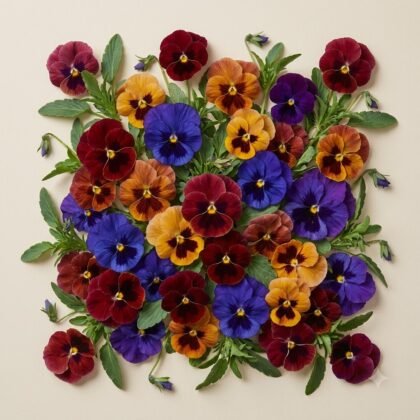 A flat lay arrangement of colorful pansy flowers in shades of purple, red, orange, and blue on a light background.
