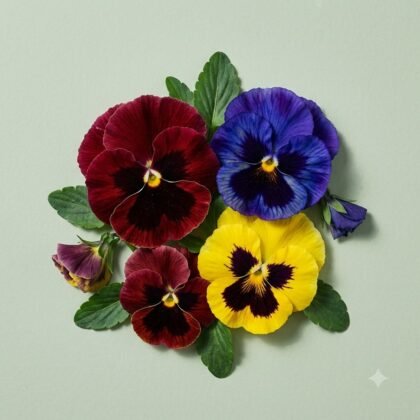 Flat lay of colorful pansy flowers in burgundy, blue, and yellow with green leaves on a light background.