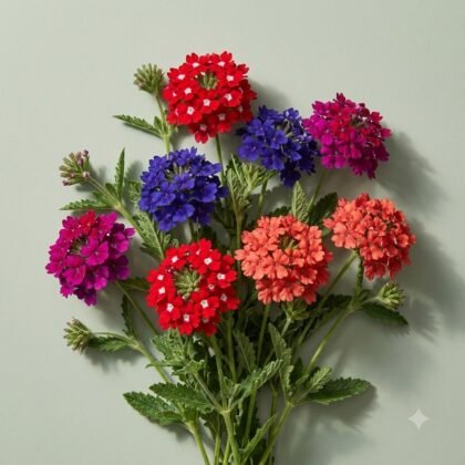A bouquet of vibrant verbena flowers in shades of red, purple, magenta, and orange against a plain background.