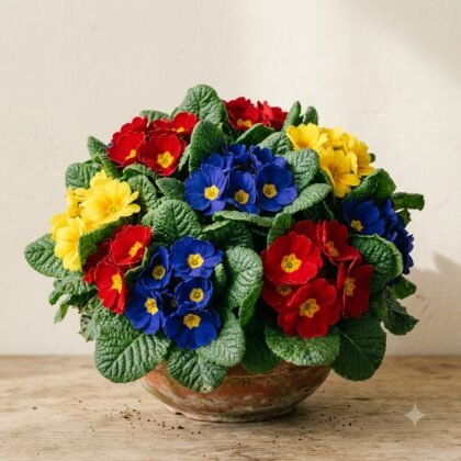 A potted plant featuring clusters of red, blue, and yellow flowers with green leaves in a clay pot on a wooden surface.